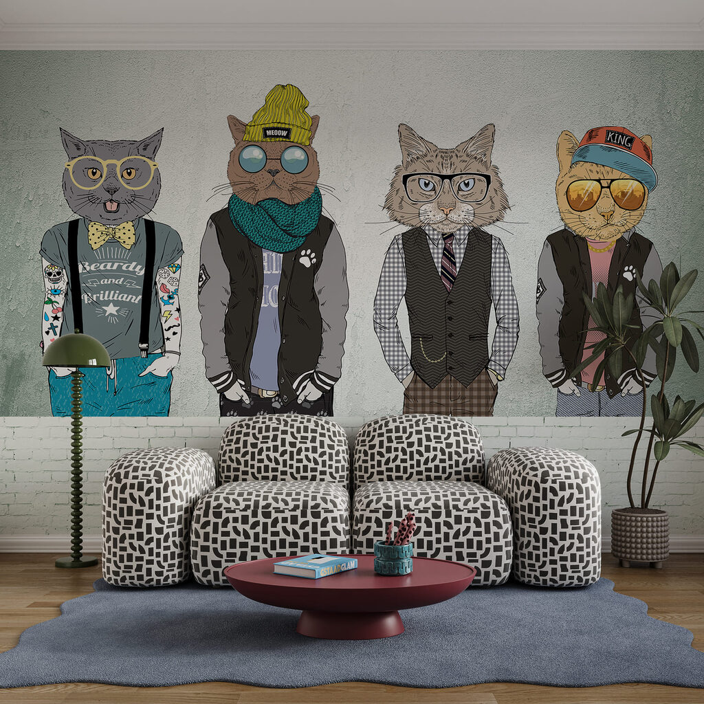 Een groep katten die kleding dragen in een interieur