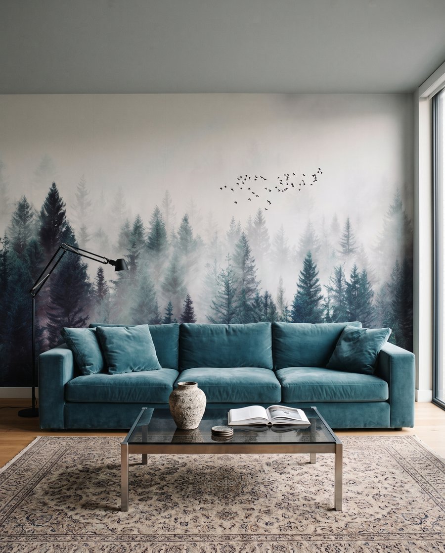 Vogels boven groene naaldbomen — interieur 4