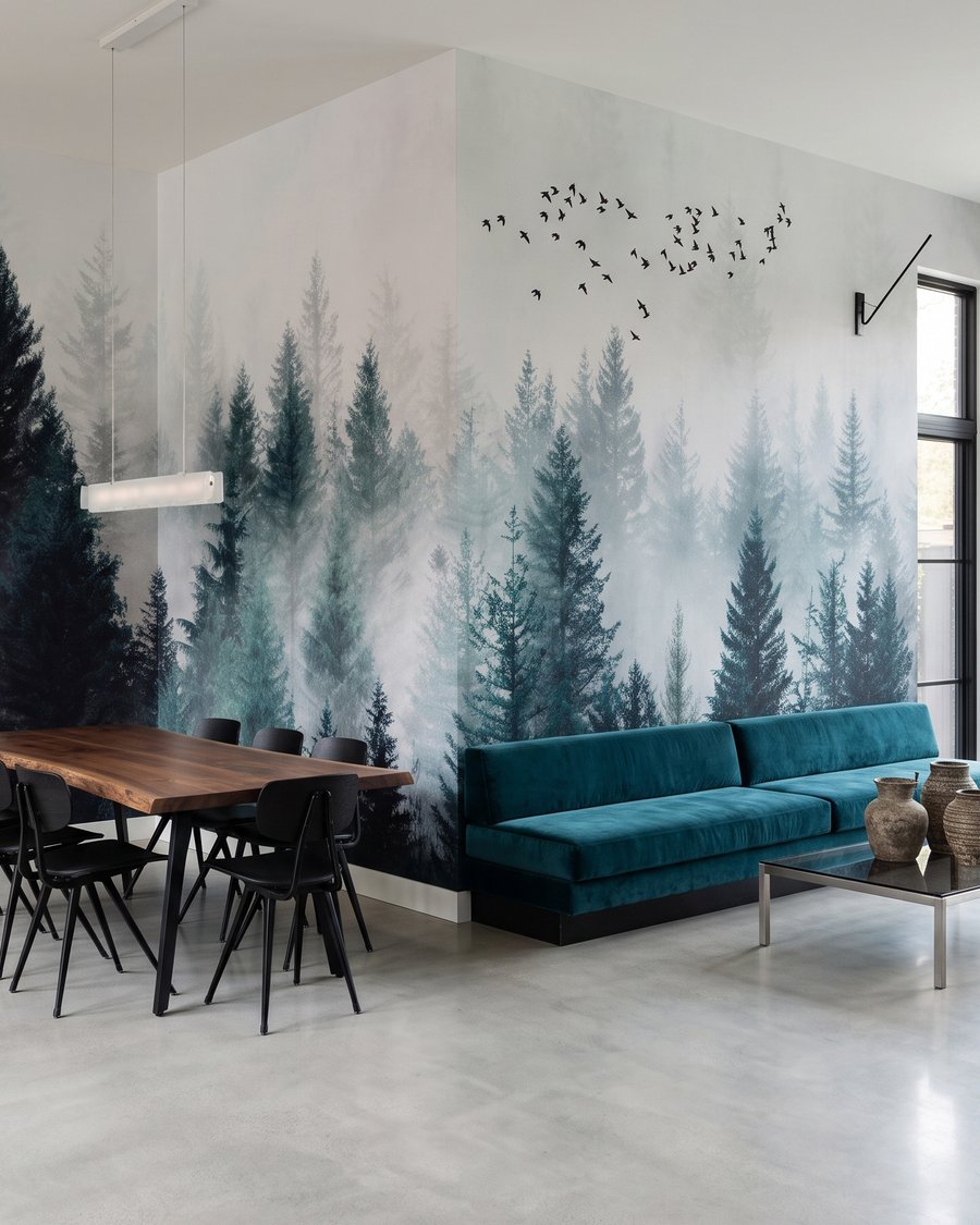 Vogels boven groene naaldbomen in een interieur