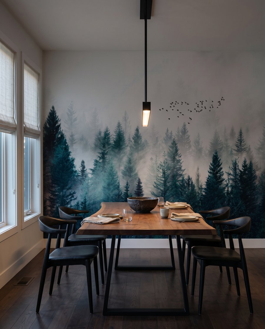 Vogels boven groene naaldbomen — interieur 6