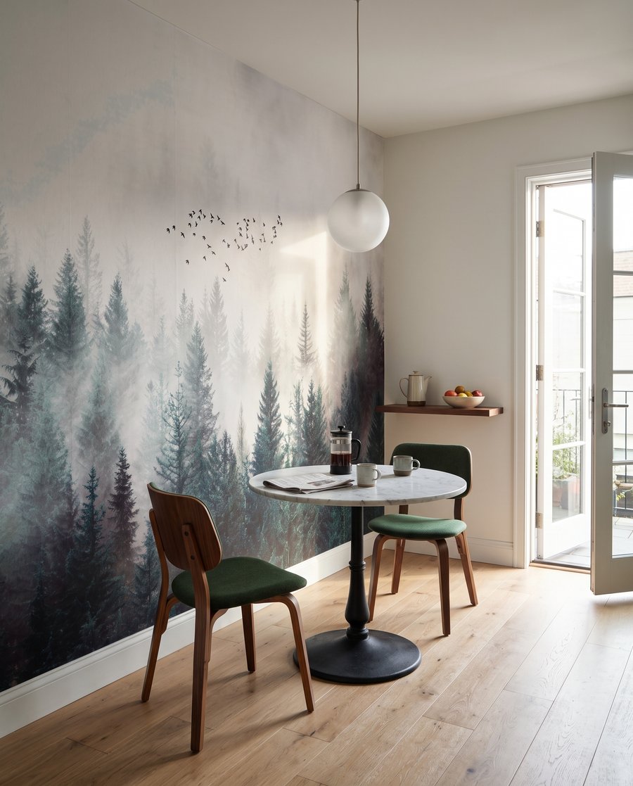 Vogels boven groene naaldbomen — interieur 7