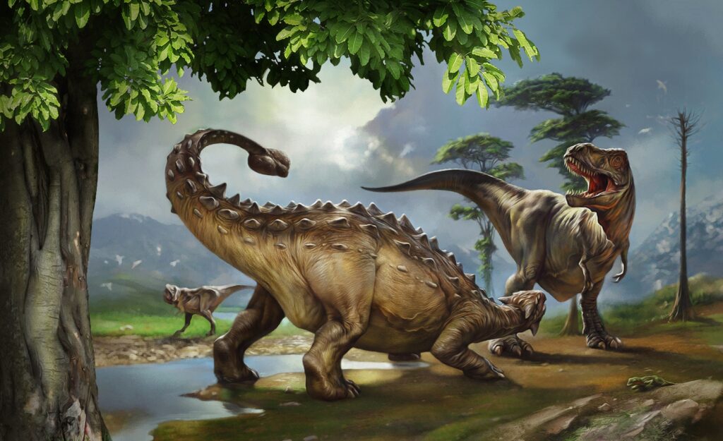 Dinosaurussen aan een rivieroever — volledig ontwerp