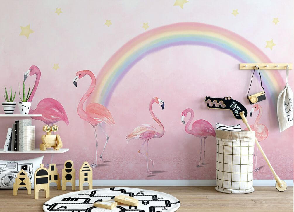 Groep flamingo's met een regenboog in een interieur