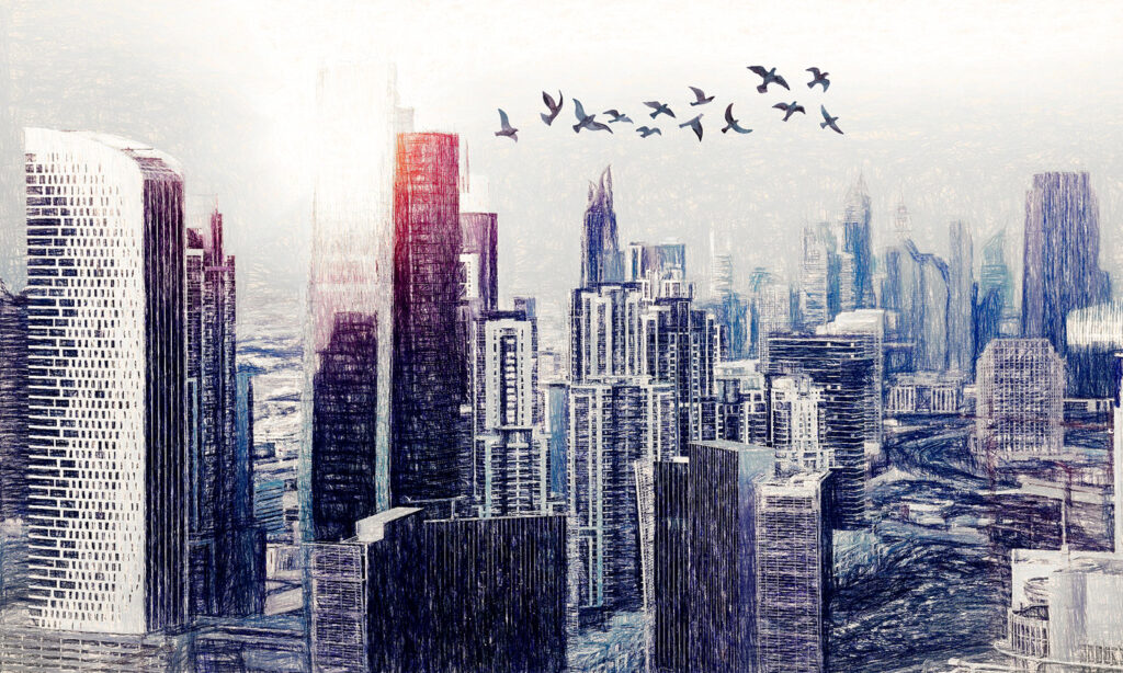 Vogels boven geschilderde wolkenkrabbers — volledig ontwerp