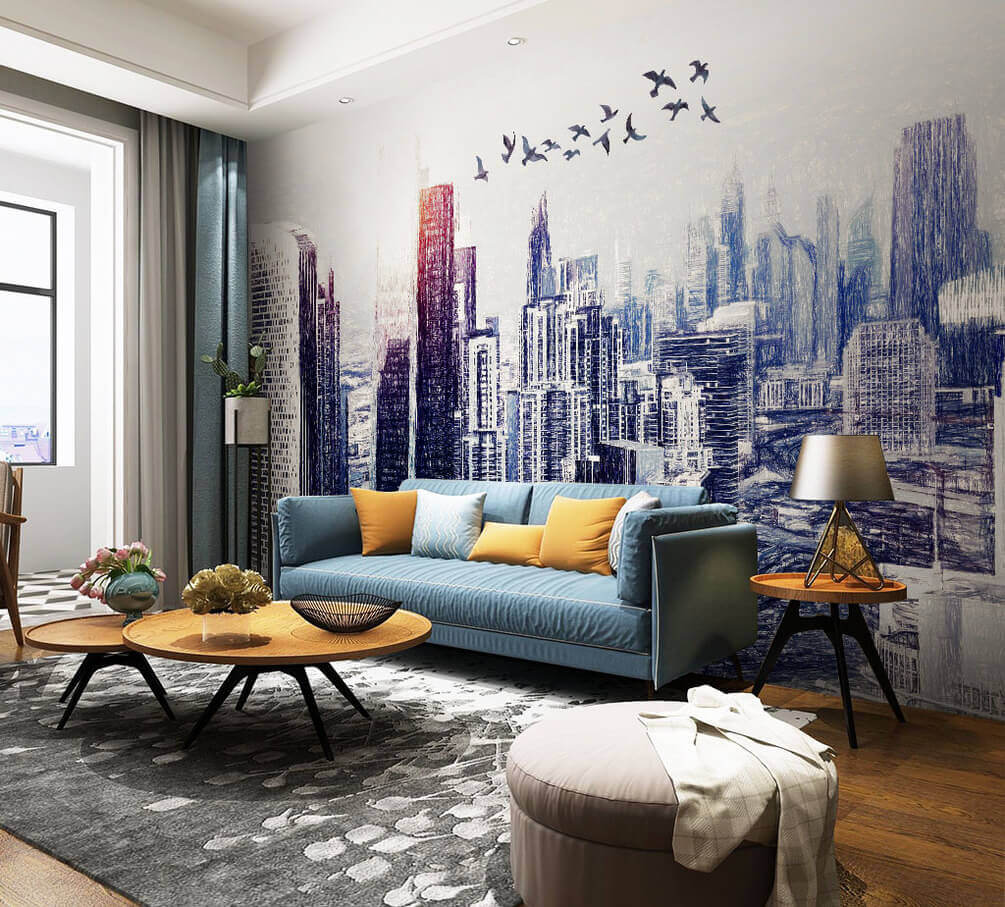 Vogels boven geschilderde wolkenkrabbers — interieur 1