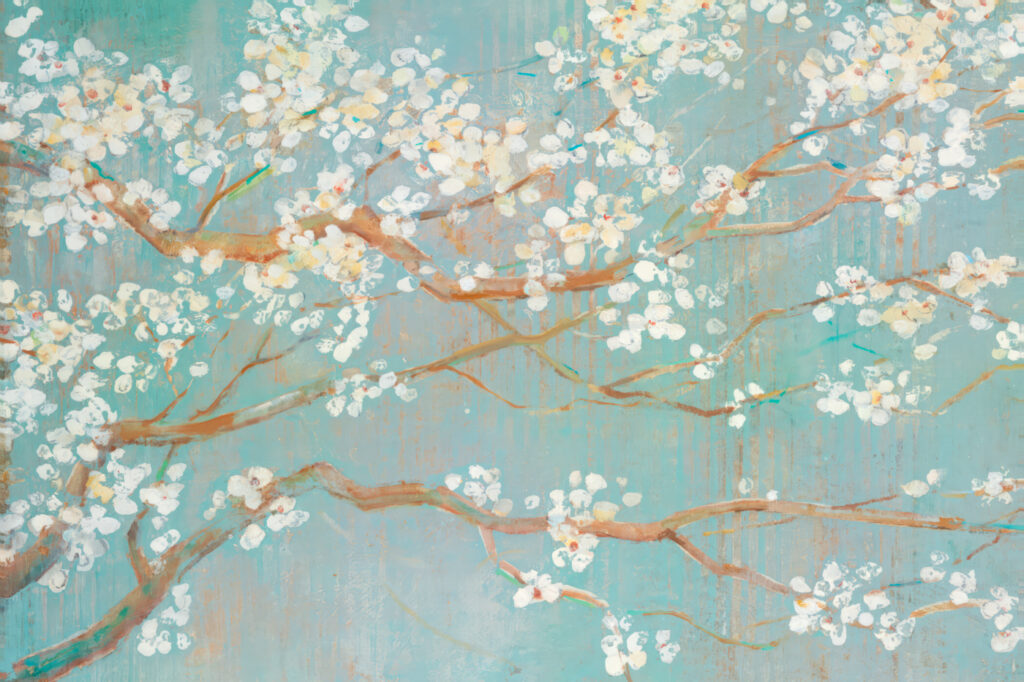 Schilderij van een boomtak met witte bloemen — volledig ontwerp