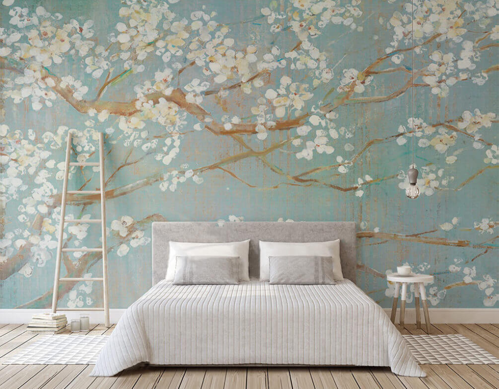 Schilderij van een boomtak met witte bloemen — interieur 1
