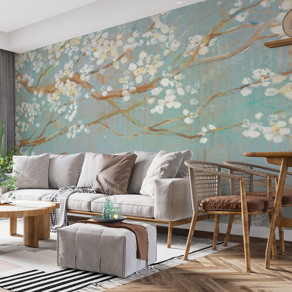 Schilderij van een boomtak met witte bloemen — interieur 3