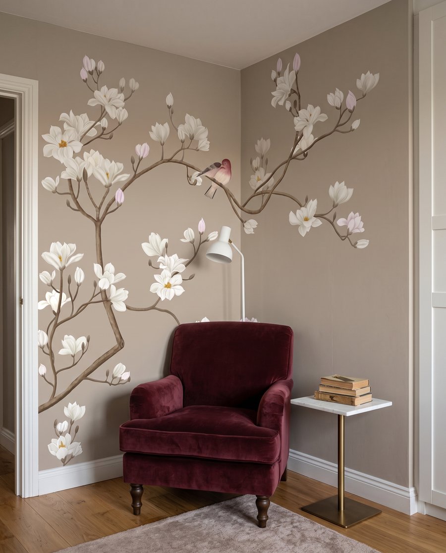 Vogeltjes op gebogen bloesemtakken in een interieur