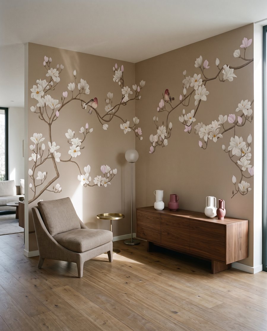 Vogeltjes op gebogen bloesemtakken — interieur 5
