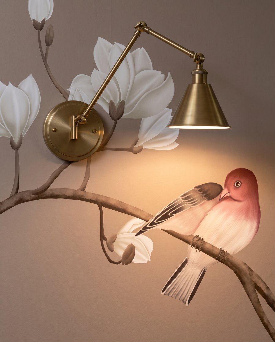 Vogeltjes op gebogen bloesemtakken — detail