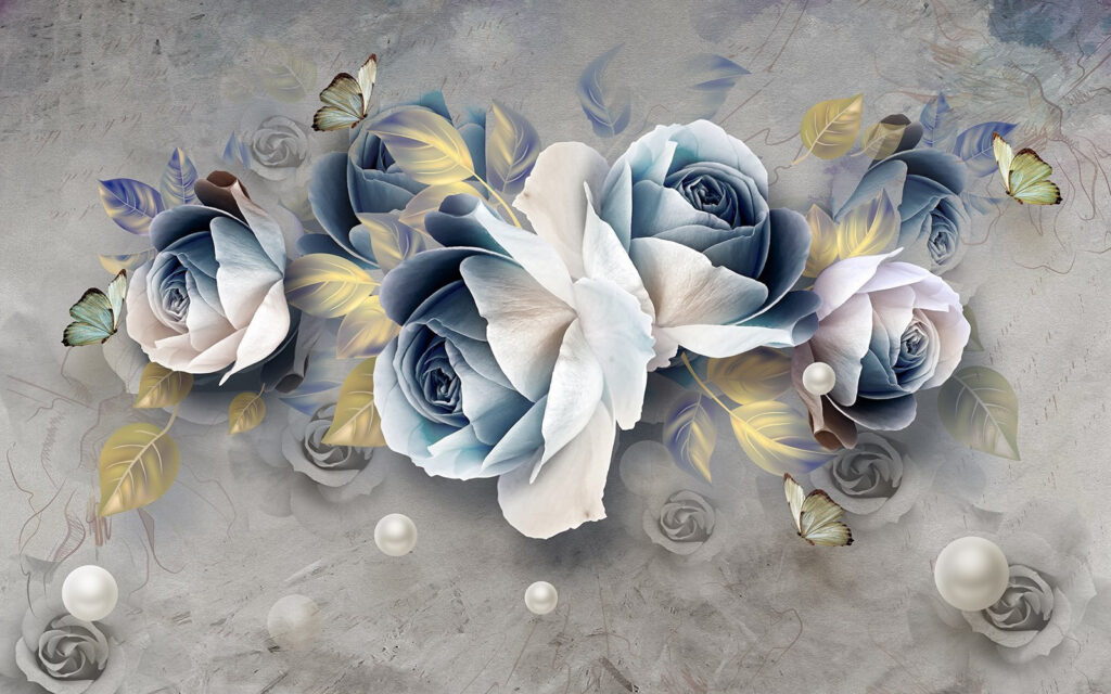 Blauwgrijze rozen met vlinders — volledig ontwerp