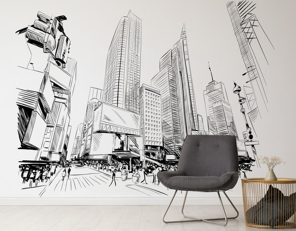 Tekening van een stad met hoge gebouwen in een interieur