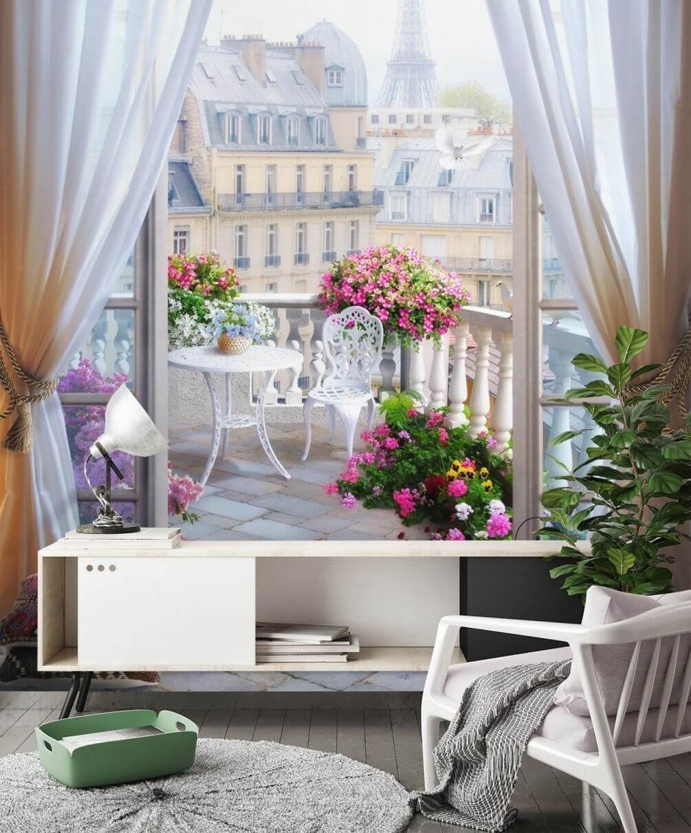 Uitzicht op een balkon met uitzicht op de eiffeltoren vanuit het raam in een interieur