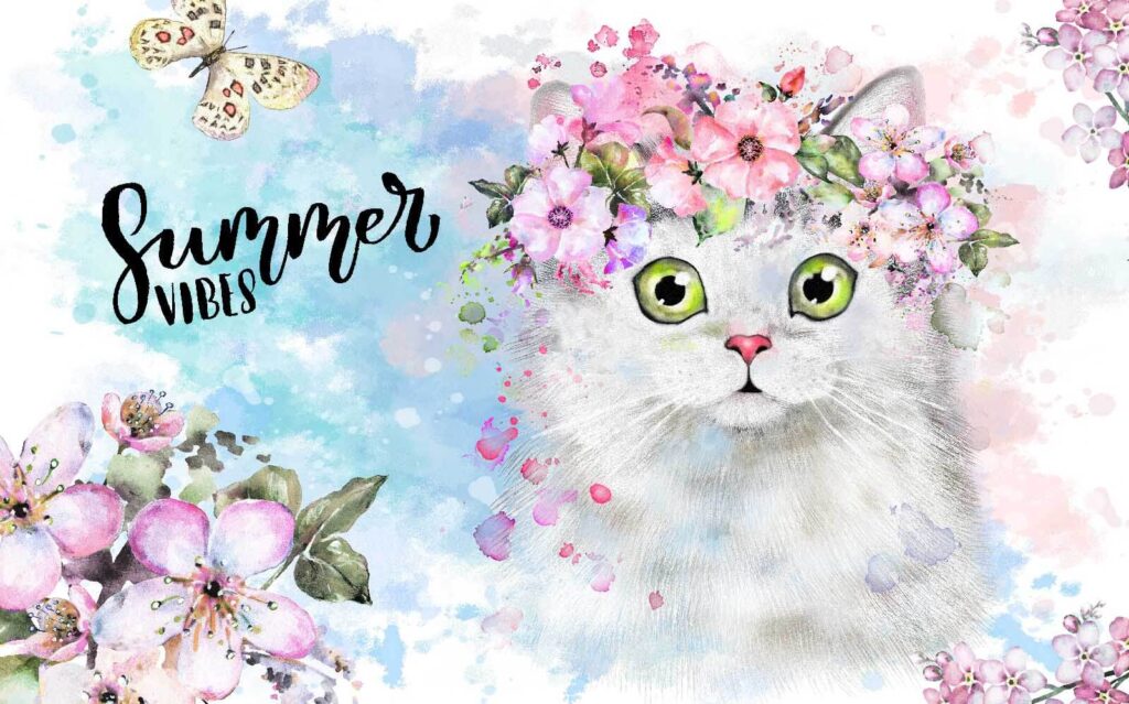 Kat met bloemen op zijn hoofd — volledig ontwerp