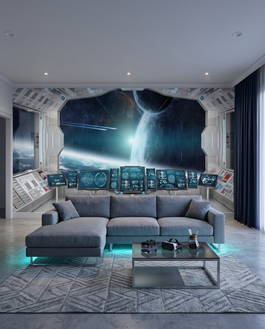 Uitzicht vanuit een ruimteschip in een interieur