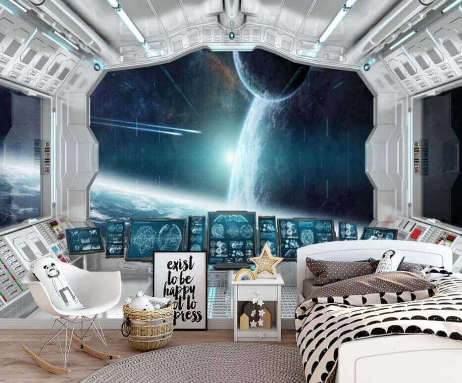 Kamer met horren en uitzicht op de aarde vanuit het raam in een interieur