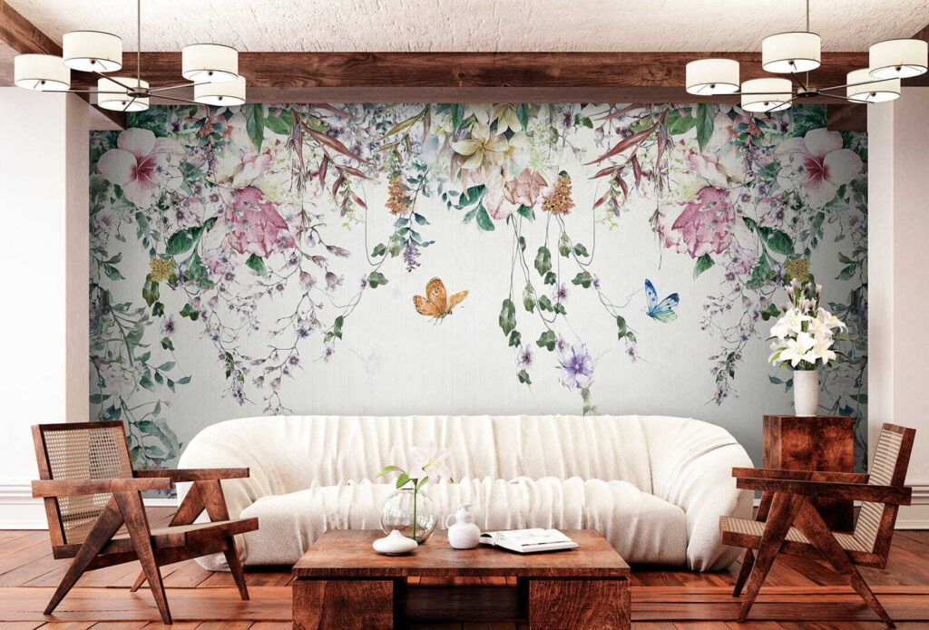 Schilderij van bloemen en vlinders in een interieur