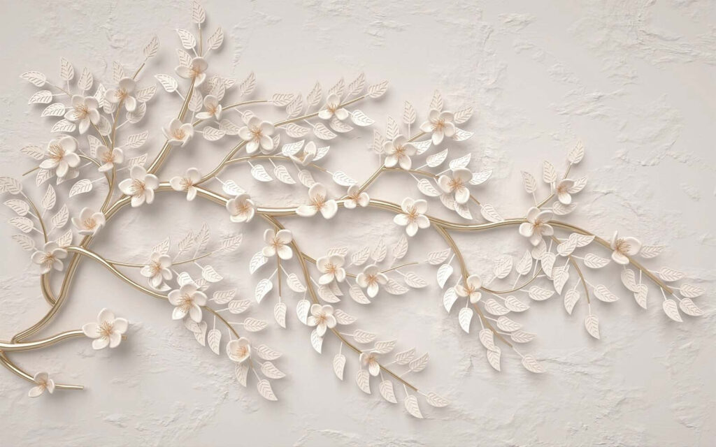 Witte tak met bloemreliëf — volledig ontwerp