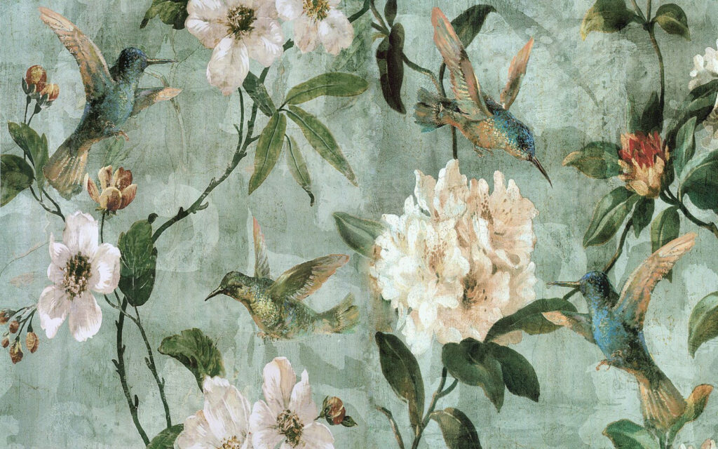 Vogels tussen vintage bloemen — volledig ontwerp