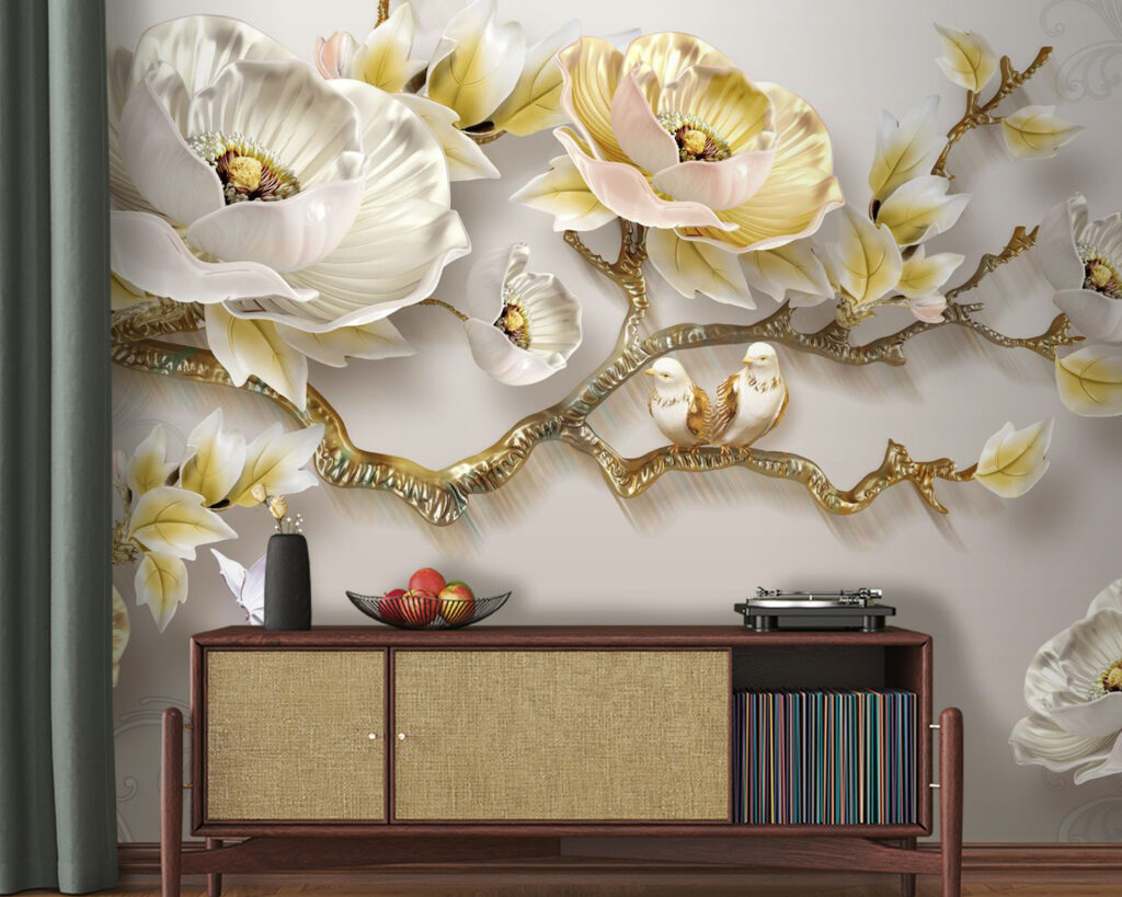Roomwitte bloemen op sierstam — interieur 2