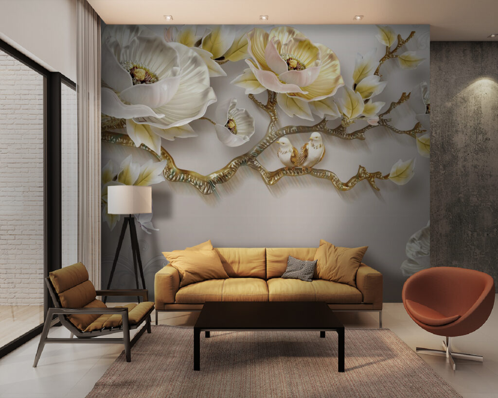 Roomwitte bloemen op sierstam — interieur 1