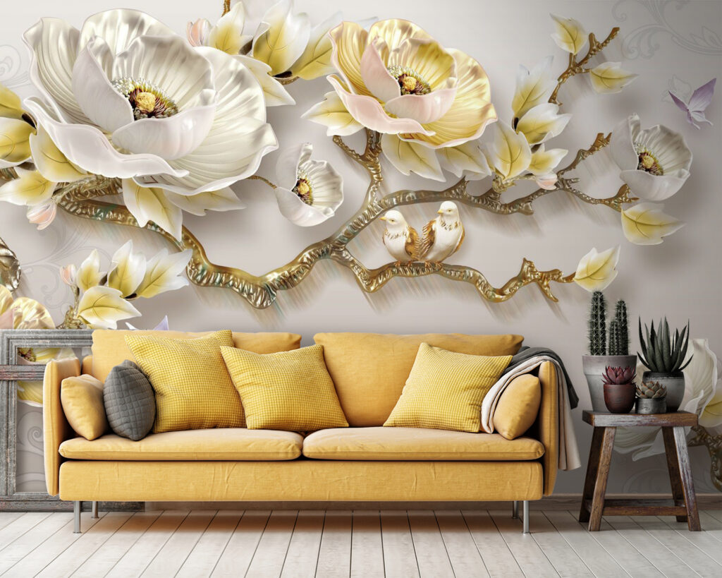 Roomwitte bloemen op sierstam — interieur 3