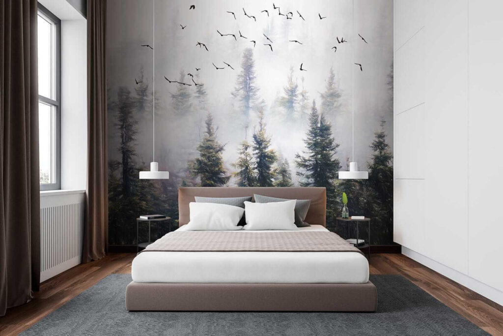 Vogels stijgen boven bosnevel — interieur 2