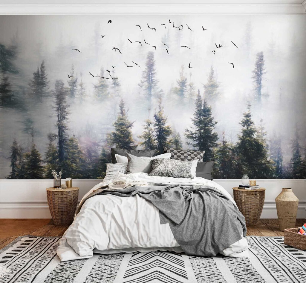 Vogels stijgen boven bosnevel — interieur 4