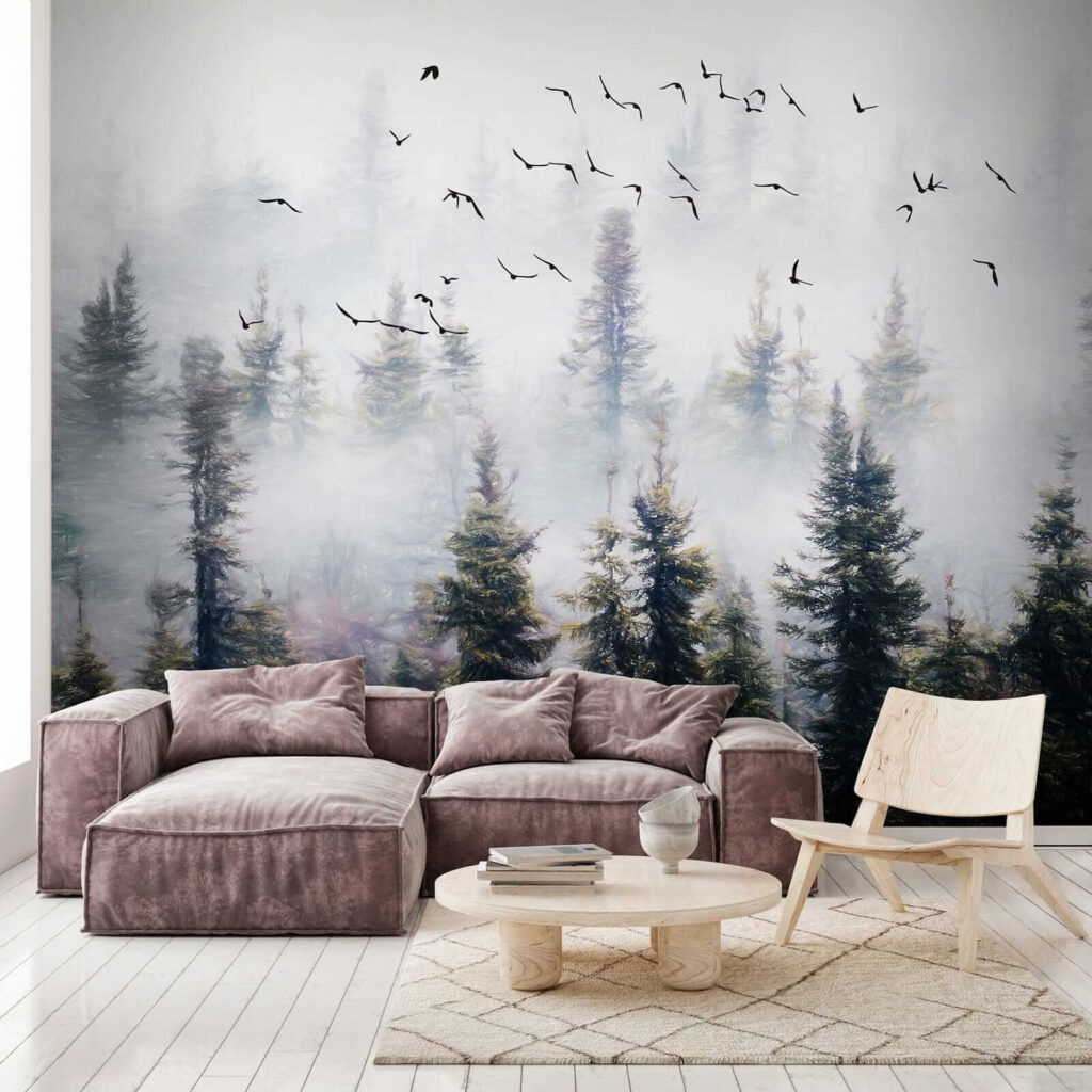 Vogels stijgen boven bosnevel — interieur 5