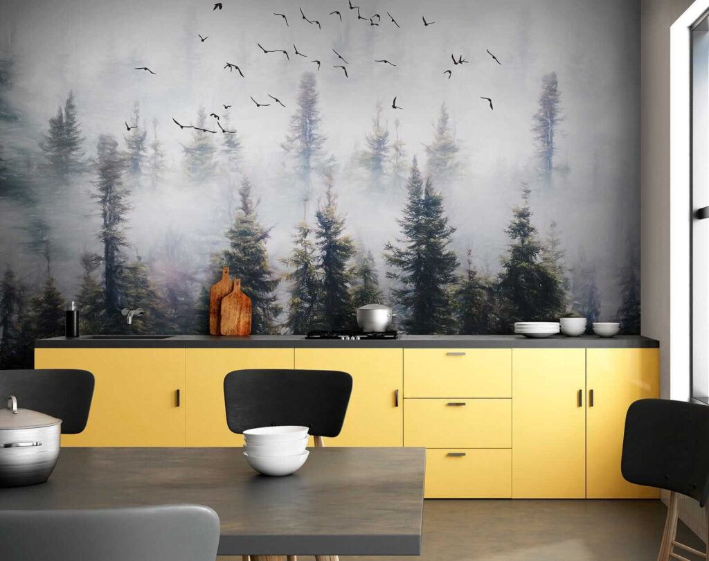 Vogels stijgen boven bosnevel — interieur 8