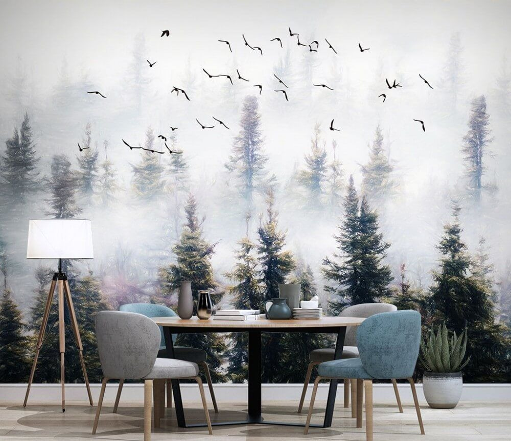 Vogels stijgen boven bosnevel — interieur 1