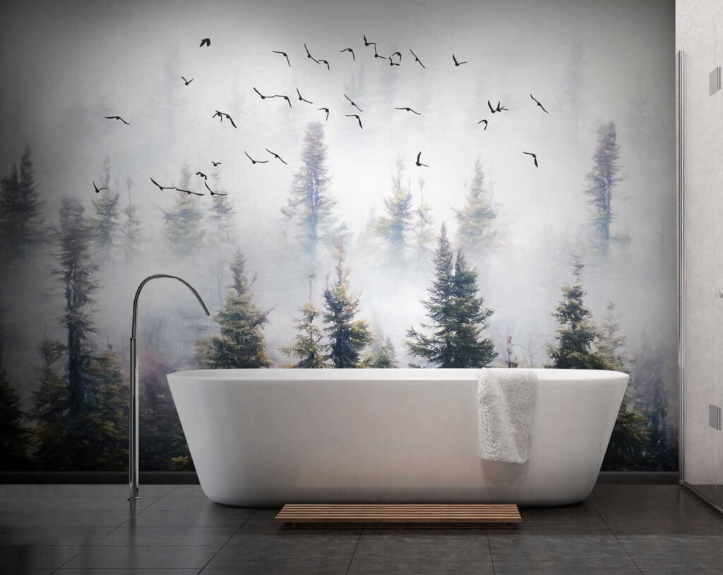 Vogels stijgen boven bosnevel — interieur 9