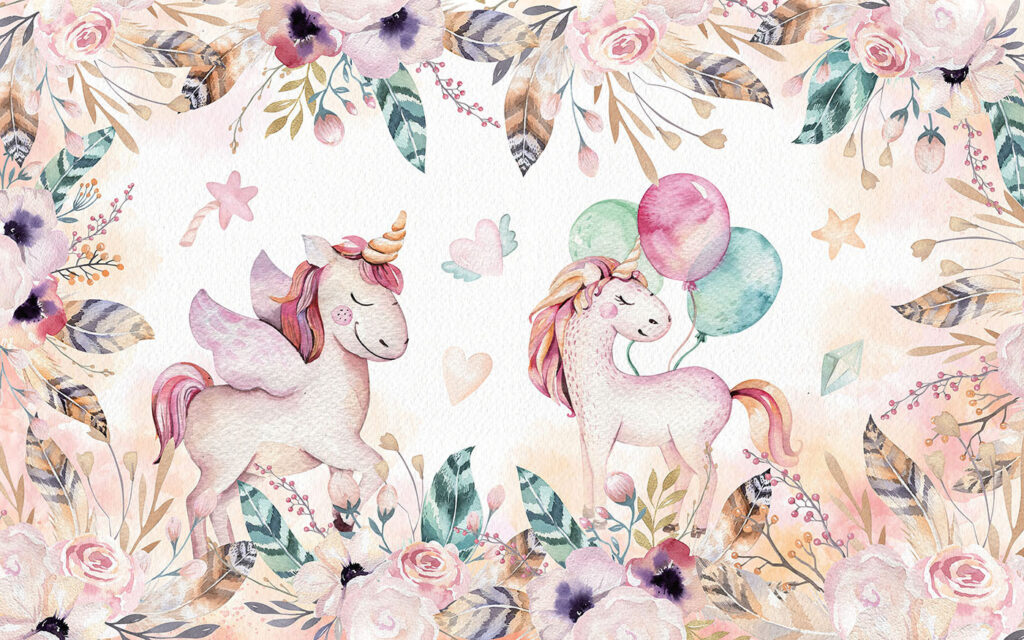 Eenhoorns met bloemen, ballonnen — volledig ontwerp