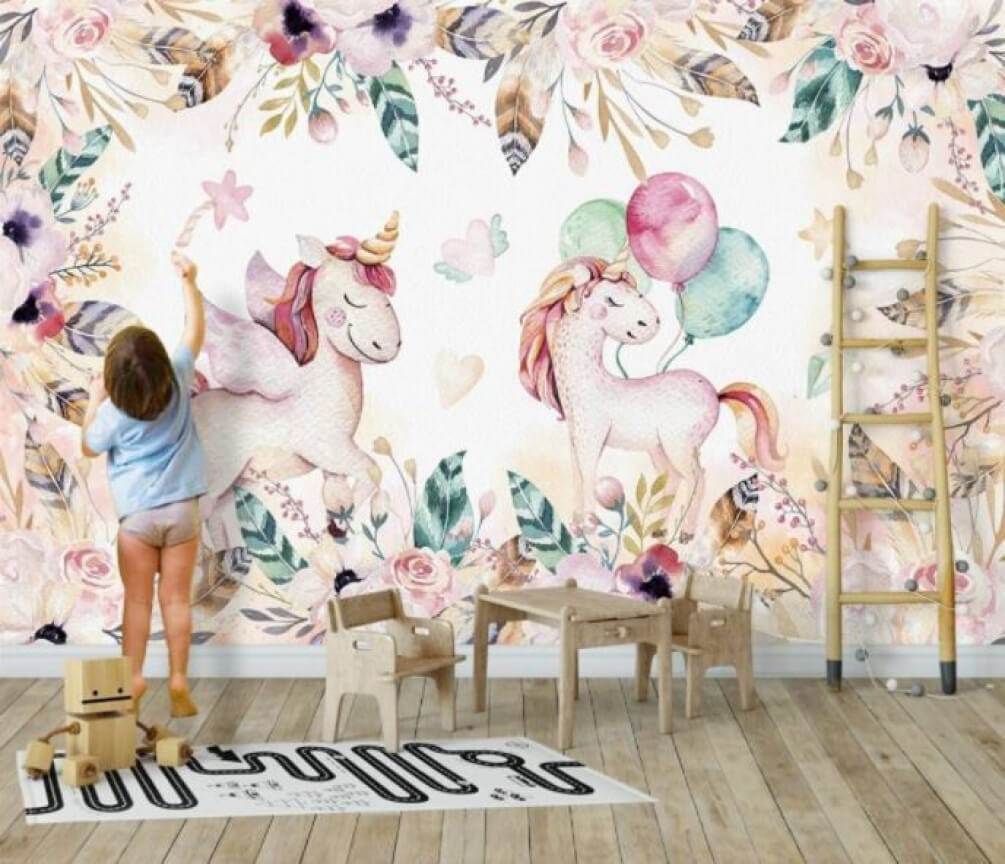 Eenhoorns met bloemen, ballonnen — interieur 1