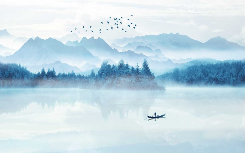 Bootje op blauw bergwater — volledig ontwerp