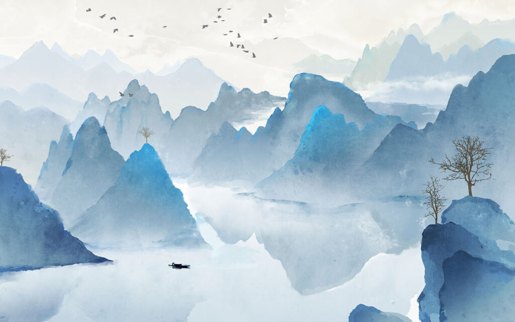 Blauwe rotspieken boven meer — volledig ontwerp