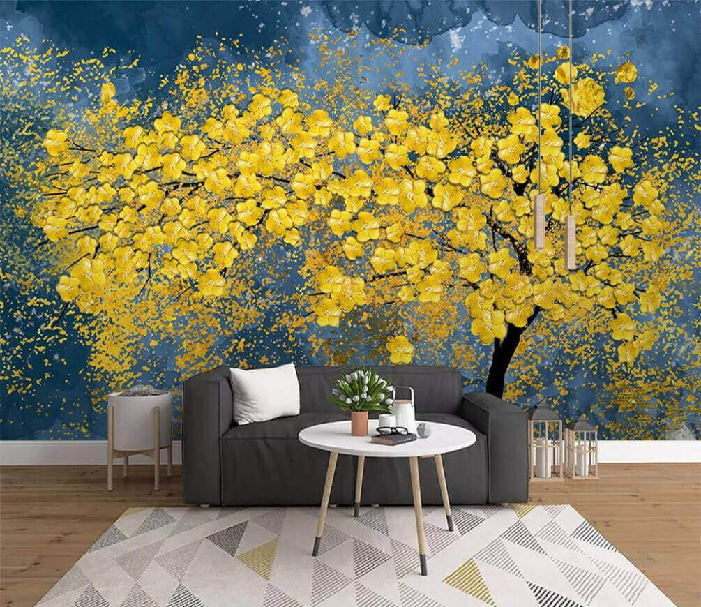 Gele boom op verfblauw — interieur 1