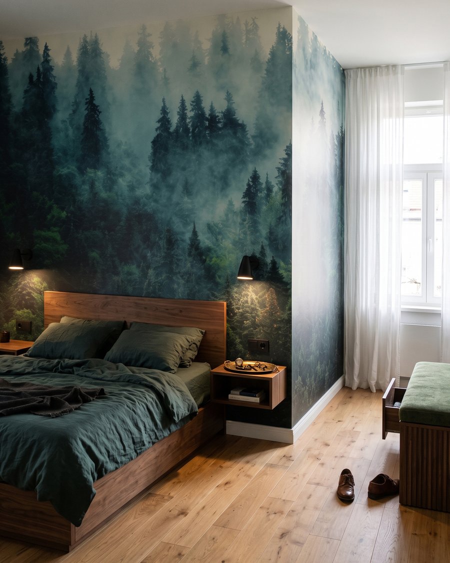 Groene kruinen in mist in een interieur