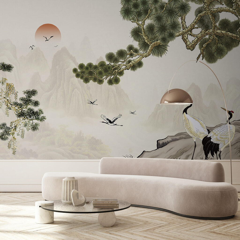 Kraanvogels onder een dennentak — interieur 3