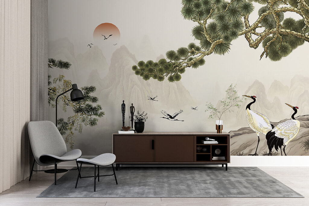 Kraanvogels onder een dennentak — interieur 2