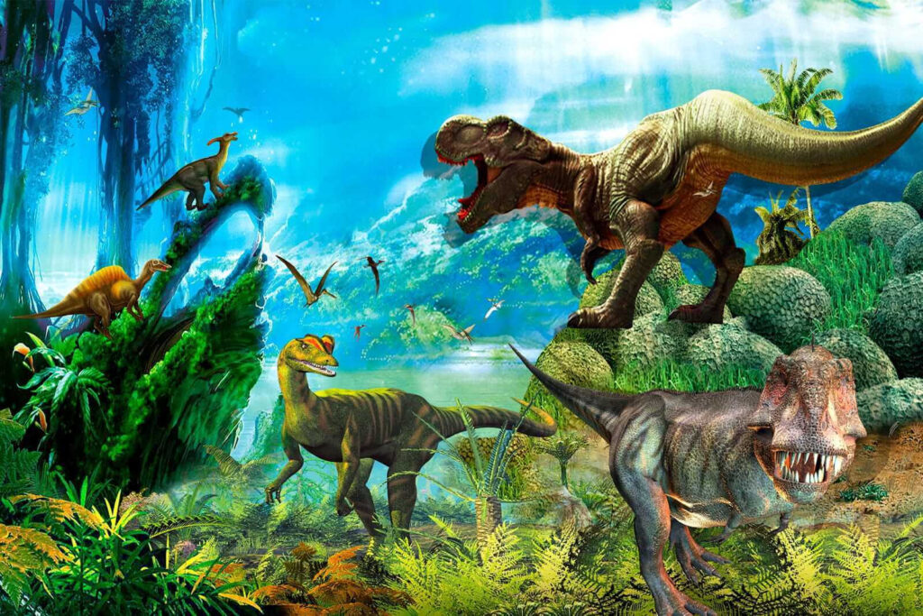 Dinosaurussen in blauwe jungle — volledig ontwerp