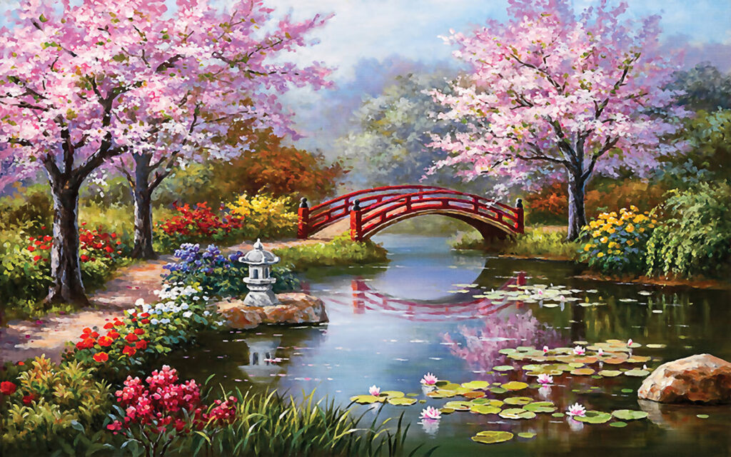Rode brug tussen bloesembomen — volledig ontwerp