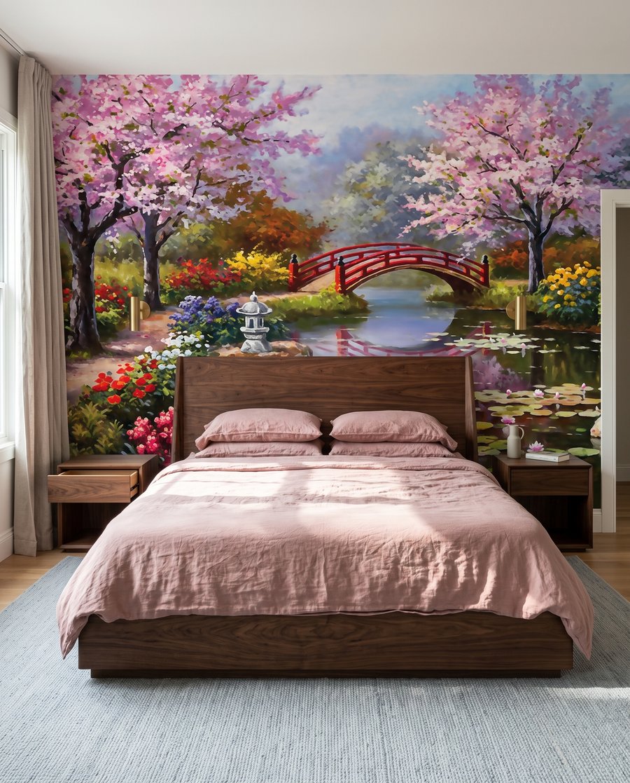 Rode brug tussen bloesembomen — interieur 2