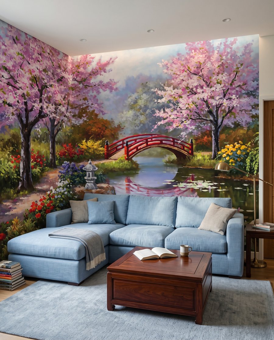 Rode brug tussen bloesembomen in een interieur