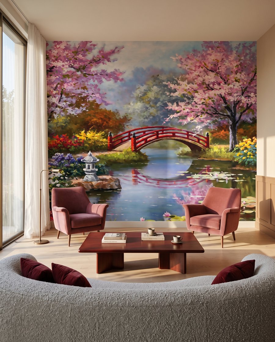 Rode brug tussen bloesembomen — interieur 3