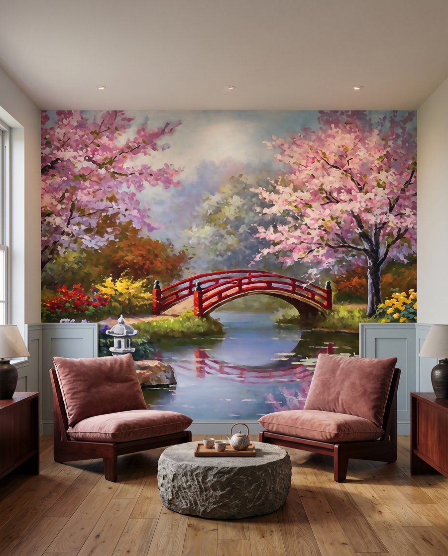 Rode brug tussen bloesembomen — interieur 4