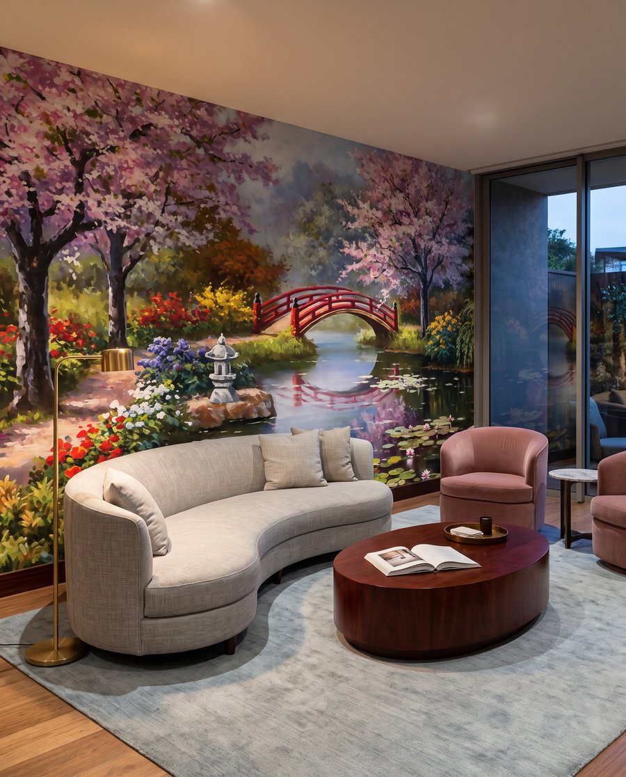 Rode brug tussen bloesembomen — interieur 5