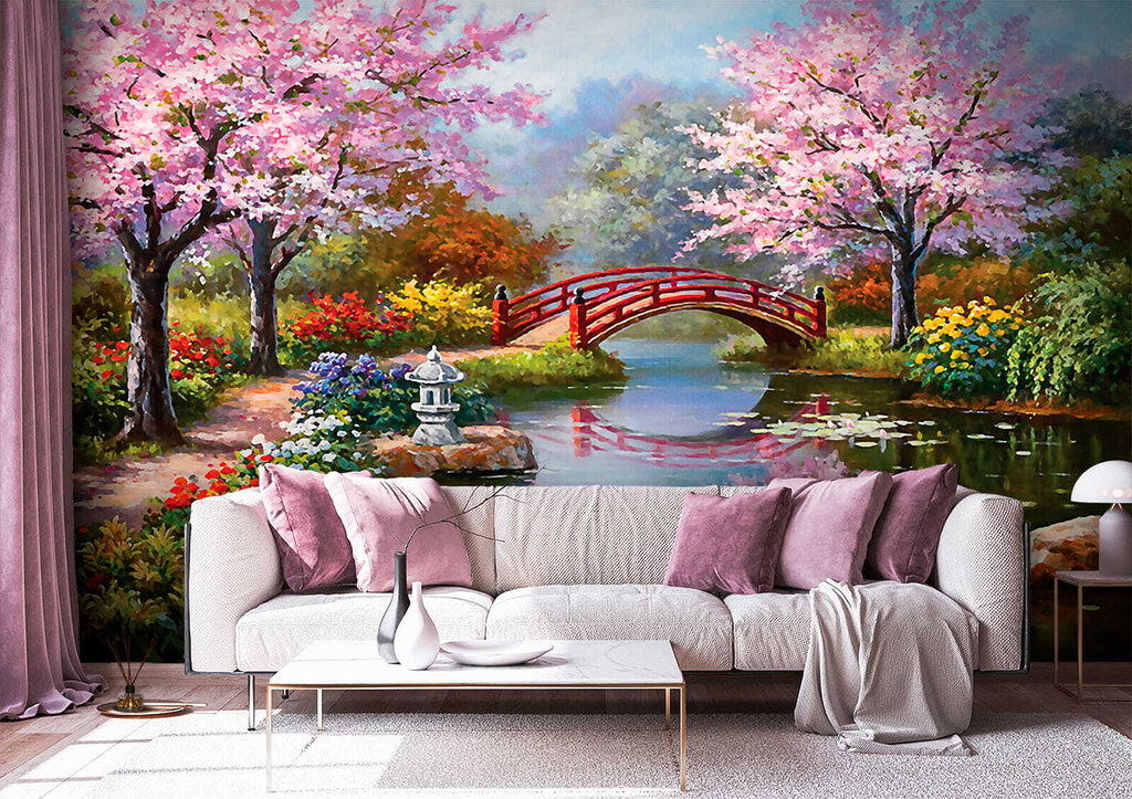 Schilderij van een vijver met een brug en bloemen in een interieur