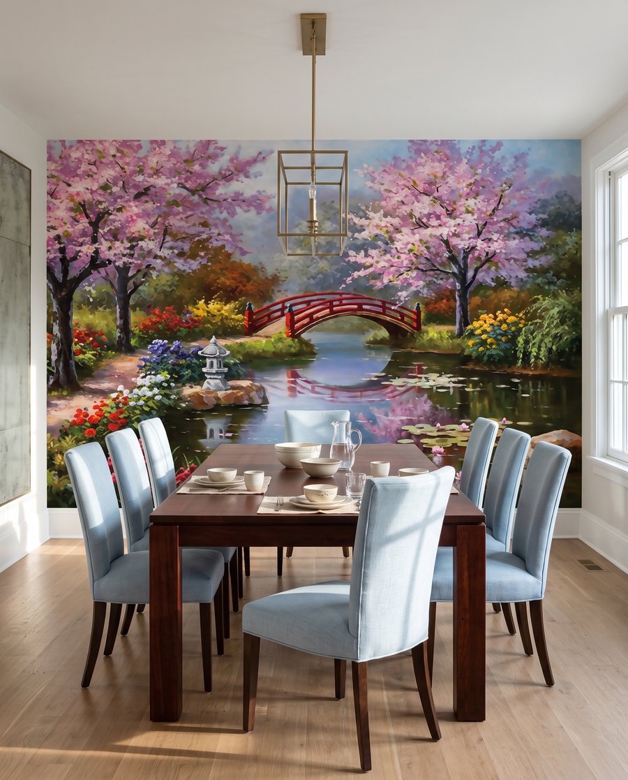 Rode brug tussen bloesembomen — interieur 6